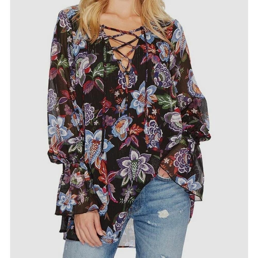 Show Me Your Mumu Perveen Pirate Tunic Top Black Floral Lace Up Size Large